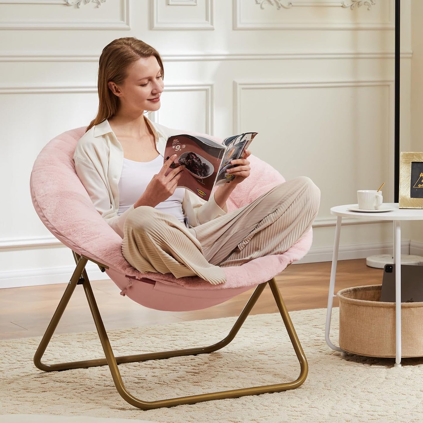 Comfy Saucer Chairs Cozy Faux Fur Soft Lounge Cute Folding Bedroom Living Room Seat Flexible Reading Foldable Seating for Kids Adults Thick Padded Metal Frame Modern for Home Office Pink https://www.amazon.com/dp/B0DNHT6N4D