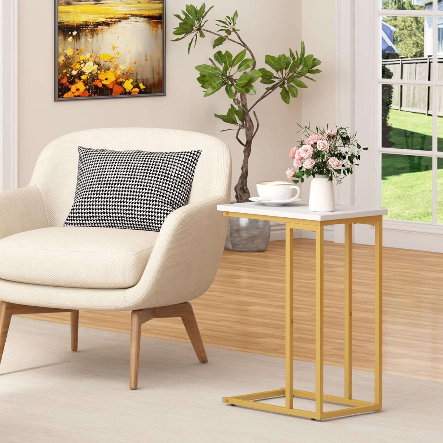 Function Home C Shaped End Table, Small Side Tables for Sofa Bed, Couch Tables That Slide Under, Drink Snack Table for Living Room Bedroom Small Space, White Wood Top and Gold Metal Frame https://www.amazon.com/dp/B0BNFMGQQ1