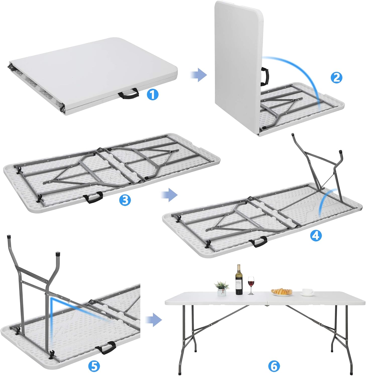 6FT Folding Table for Indoor Outdoor, Portable Heavy Duty Fold-in-Half Plastic Dining Picnic Party Camping Table with Carrying Handle https://www.amazon.com/dp/B08DKXWN6P