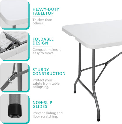 6FT Folding Table for Indoor Outdoor, Portable Heavy Duty Fold-in-Half Plastic Dining Picnic Party Camping Table with Carrying Handle https://www.amazon.com/dp/B08DKXWN6P