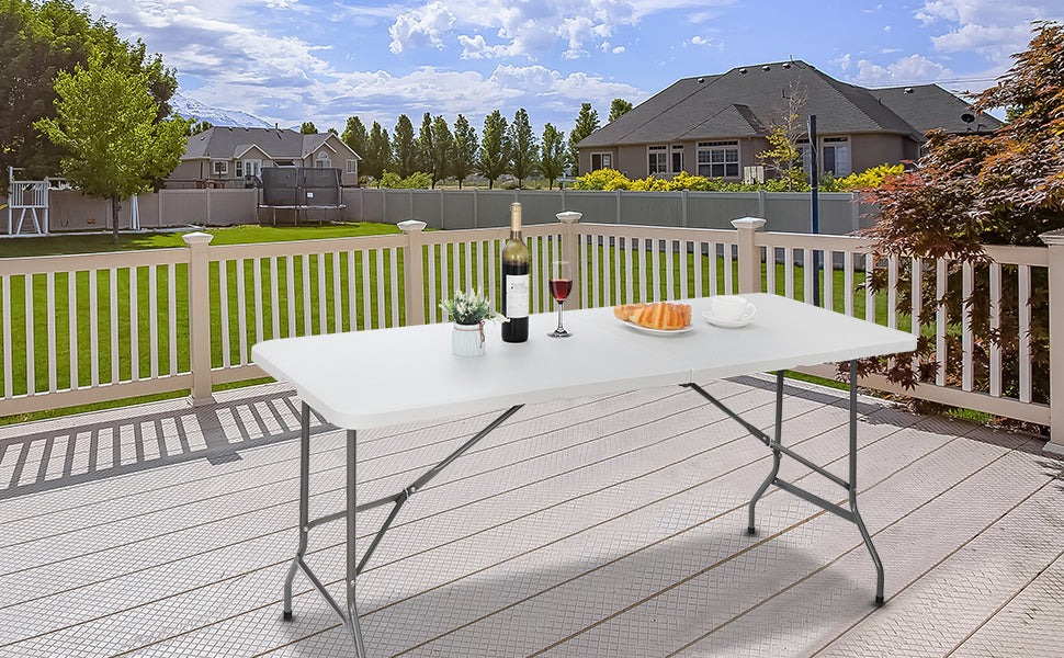6FT Folding Table for Indoor Outdoor, Portable Heavy Duty Fold-in-Half Plastic Dining Picnic Party Camping Table with Carrying Handle https://www.amazon.com/dp/B08DKXWN6P
