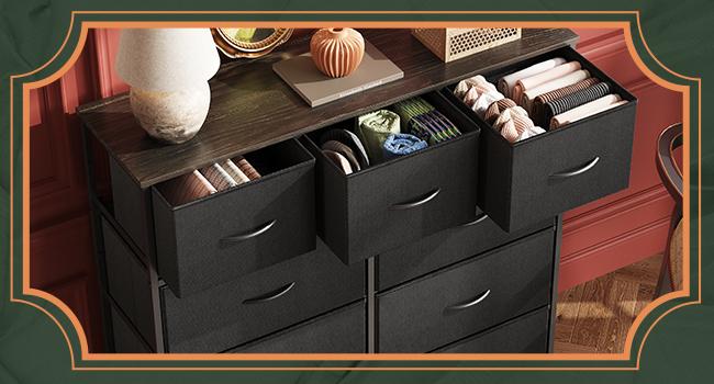 Fabric Storage Tower with 9 Drawers, Bedroom Drawer Dresser Organizer, Chest of Drawers with Fabric Bins, Steel Frame and Wood Top https://shop.tiktok.com/view/product/1730754946365821299?region=US&locale=zh