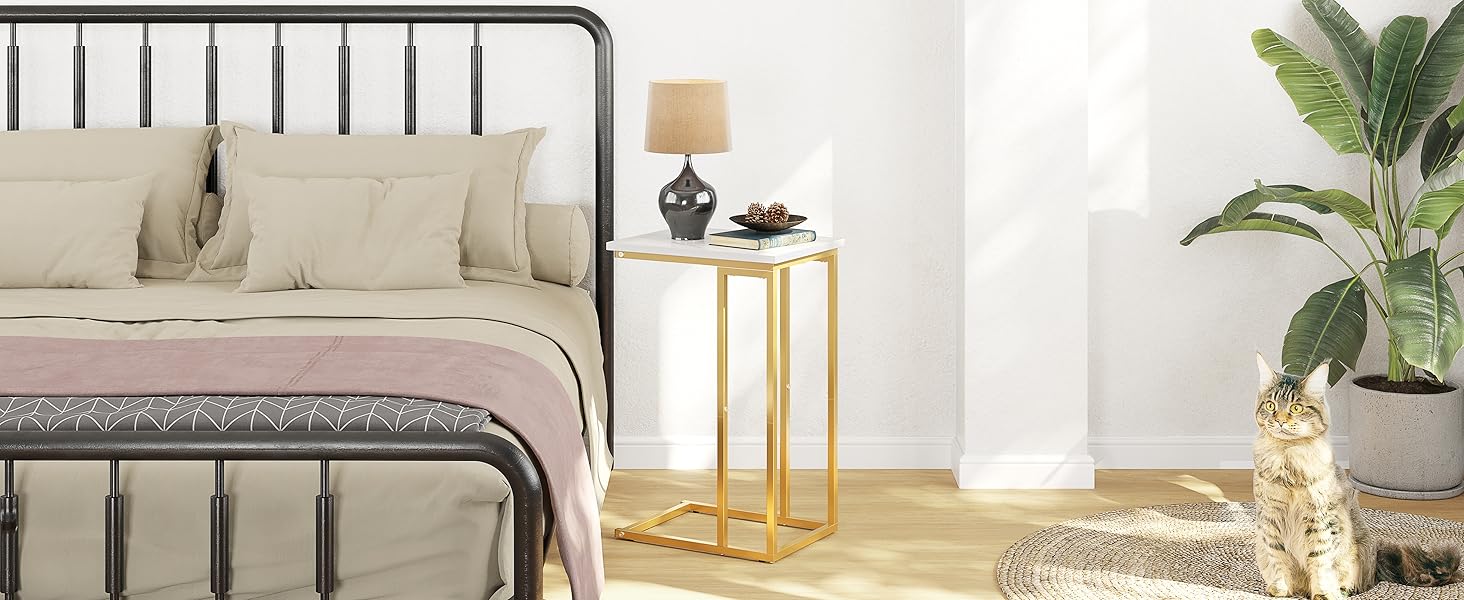 Function Home C Shaped End Table, Small Side Tables for Sofa Bed, Couch Tables That Slide Under, Drink Snack Table for Living Room Bedroom Small Space, White Wood Top and Gold Metal Frame https://www.amazon.com/dp/B0BNFMGQQ1