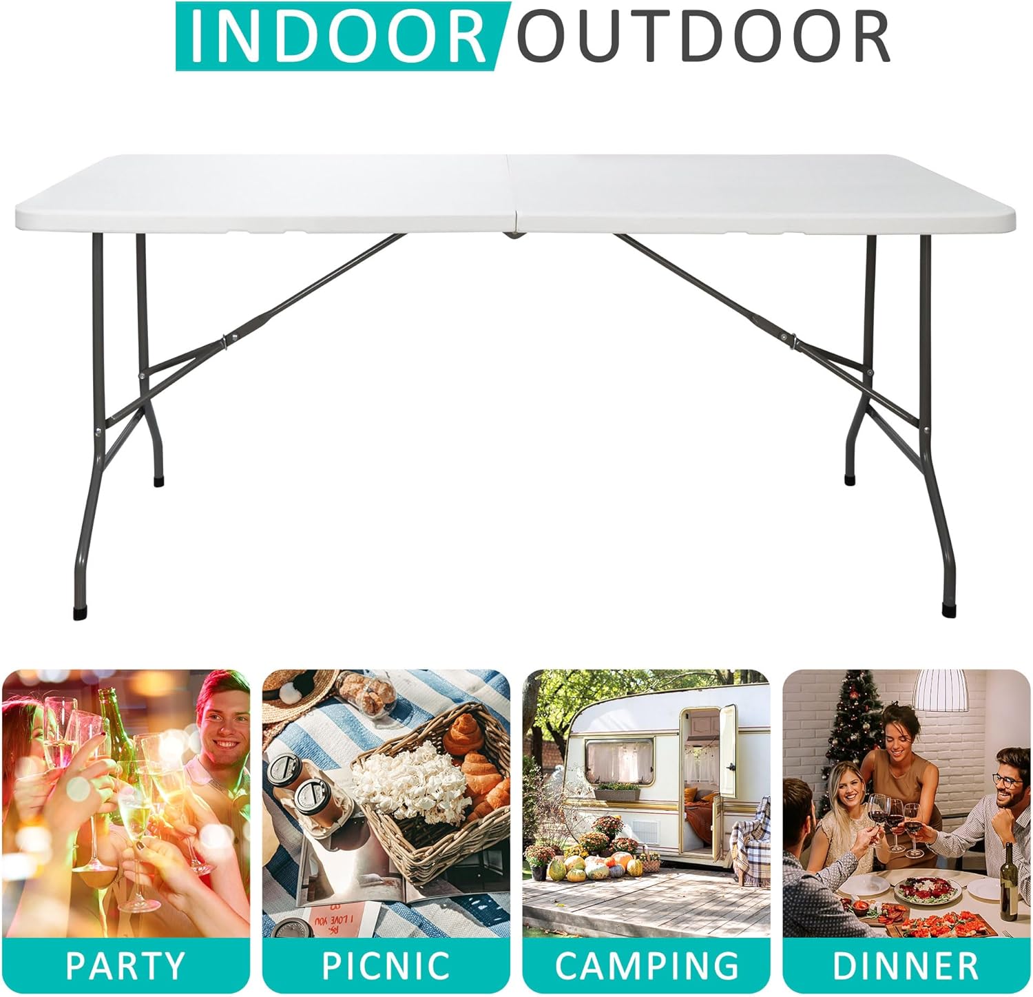6FT Folding Table for Indoor Outdoor, Portable Heavy Duty Fold-in-Half Plastic Dining Picnic Party Camping Table with Carrying Handle https://www.amazon.com/dp/B08DKXWN6P