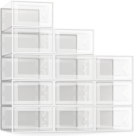 SEE SPRING 12 Pack Shoe Storage Box, Clear Plastic Stackable Shoe Organizer for Closet, Space Saving Foldable Shoe Rack Sneaker Container Bin Holder https://www.amazon.com/dp/B097PVKRYM