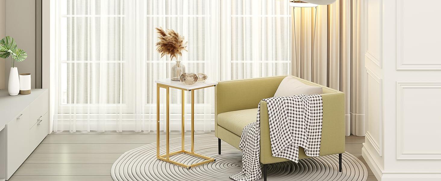 Function Home C Shaped End Table, Small Side Tables for Sofa Bed, Couch Tables That Slide Under, Drink Snack Table for Living Room Bedroom Small Space, White Wood Top and Gold Metal Frame https://www.amazon.com/dp/B0BNFMGQQ1