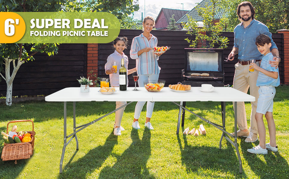 6FT Folding Table for Indoor Outdoor, Portable Heavy Duty Fold-in-Half Plastic Dining Picnic Party Camping Table with Carrying Handle https://www.amazon.com/dp/B08DKXWN6P