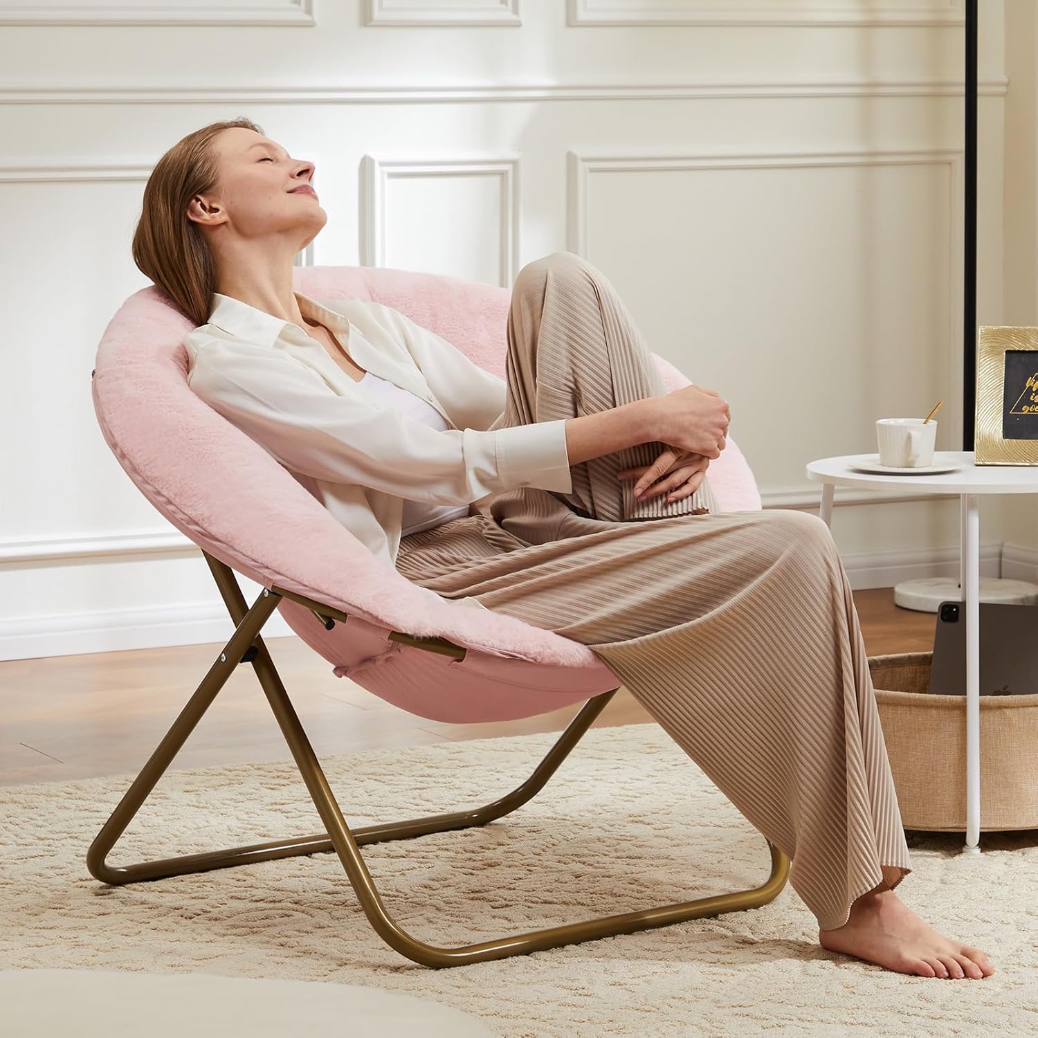 Comfy Saucer Chairs Cozy Faux Fur Soft Lounge Cute Folding Bedroom Living Room Seat Flexible Reading Foldable Seating for Kids Adults Thick Padded Metal Frame Modern for Home Office Pink https://www.amazon.com/dp/B0DNHT6N4D