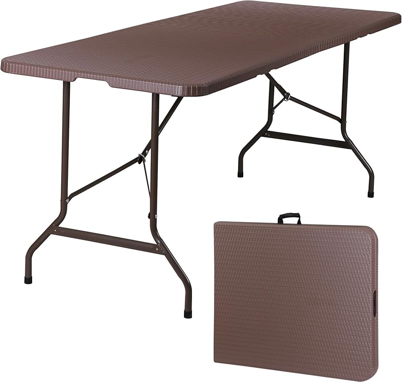 6FT Folding Table for Indoor Outdoor, Portable Heavy Duty Fold-in-Half Plastic Dining Picnic Party Camping Table with Carrying Handle https://www.amazon.com/dp/B08DKXWN6P