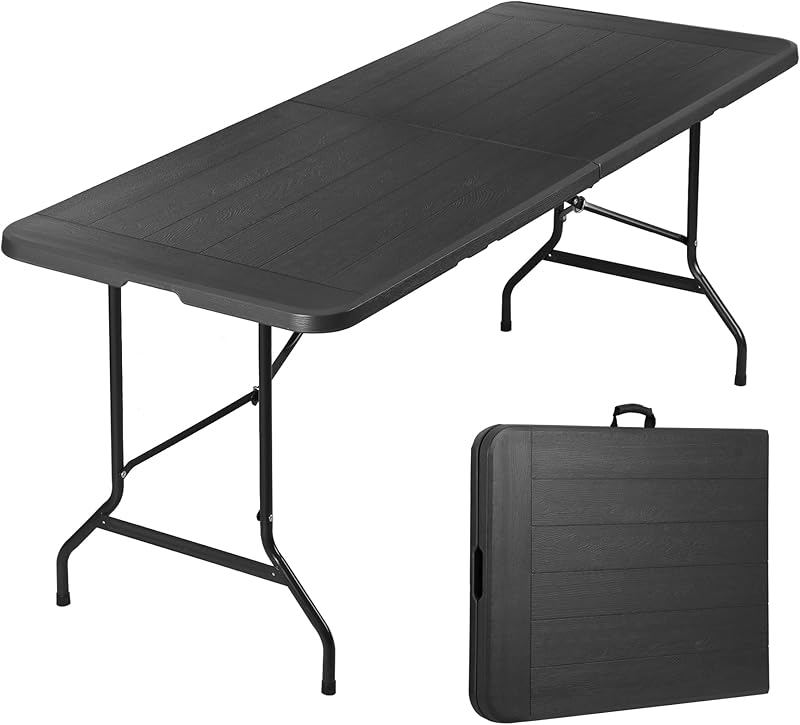 6FT Folding Table for Indoor Outdoor, Portable Heavy Duty Fold-in-Half Plastic Dining Picnic Party Camping Table with Carrying Handle https://www.amazon.com/dp/B08DKXWN6P